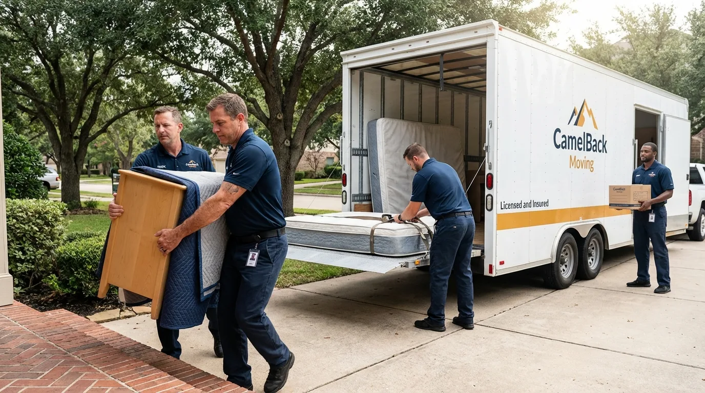 Crew loading residential truck for cross-state move from Harwood Heights, IL