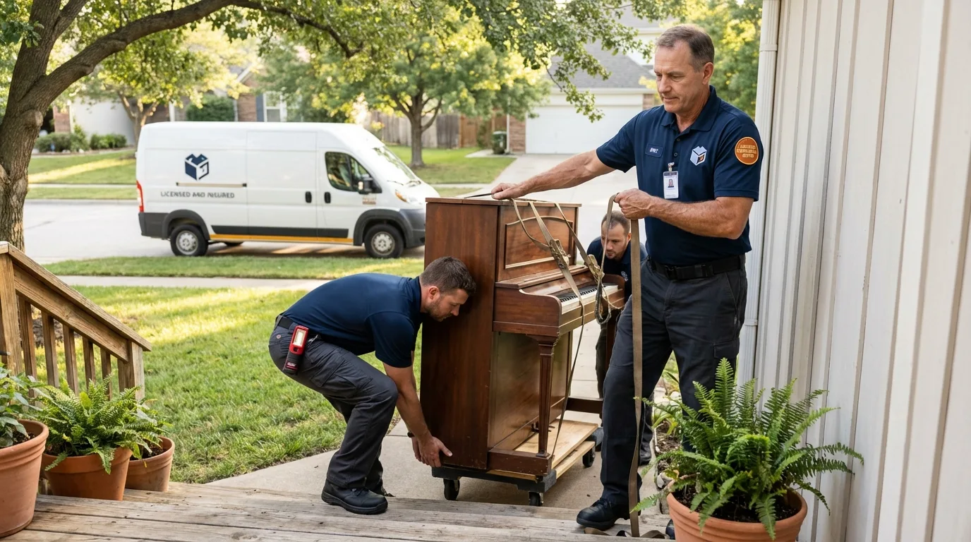 Licensed piano movers securing grand piano in Harwood Heights, IL
