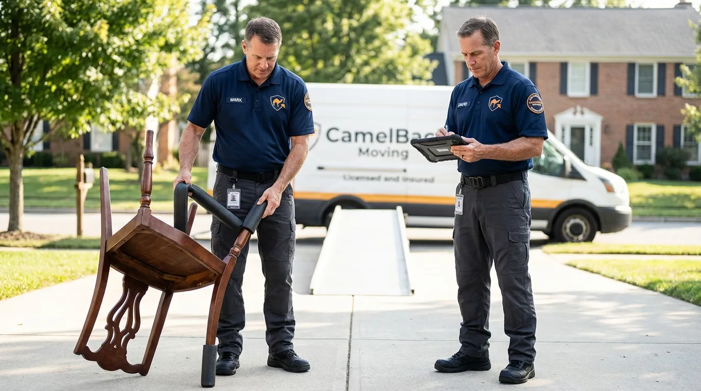 Movers inspecting furniture for damage prevention before loading in Harwood Heights, IL