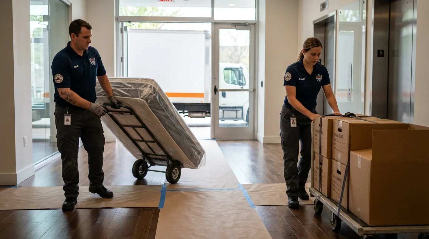 Professional apartment movers loading elevator in Harwood Heights, IL